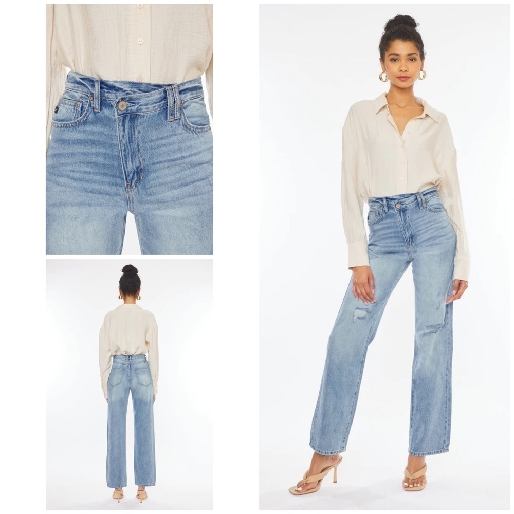 NWT VICI Kancan 90's Straight Leg Cross Over Distressed Light Denim Jeans 26 / 5